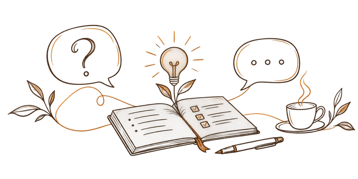Dessin au trait d'un livre ouvert d'où jaillit une ampoule allumée, entouré de bulles de dialogue, d'un stylo, d'une tasse de café et de feuillages