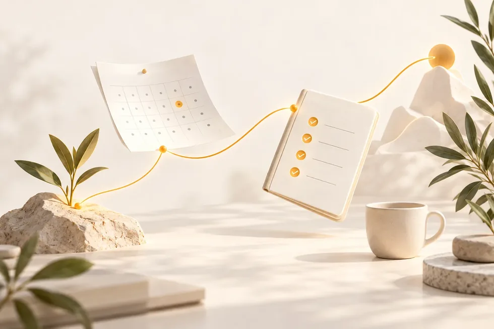Un calendrier et un carnet reliés par un fil ambré illustrent une progression accompagnée