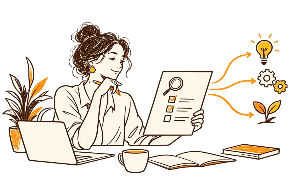 Illustration dessinée d’une personne qui analyse ses usages, coche des pistes et relie des idées à des solutions.