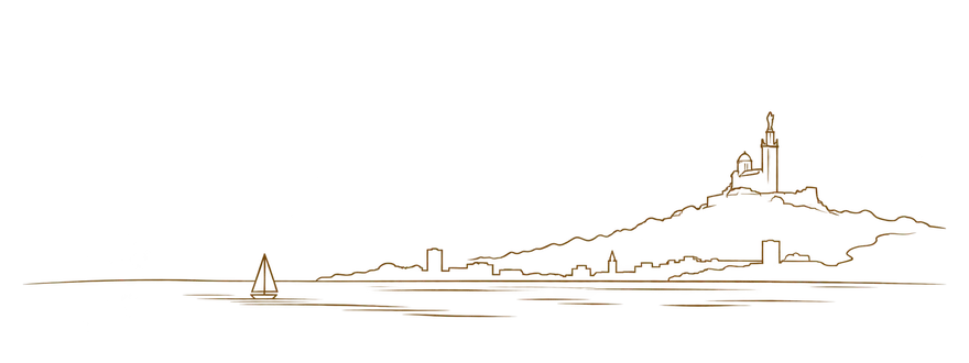 Dessin au trait de Marseille : un voilier sur la mer, la ville au pied de la colline et la basilique Notre-Dame-de-la-Garde